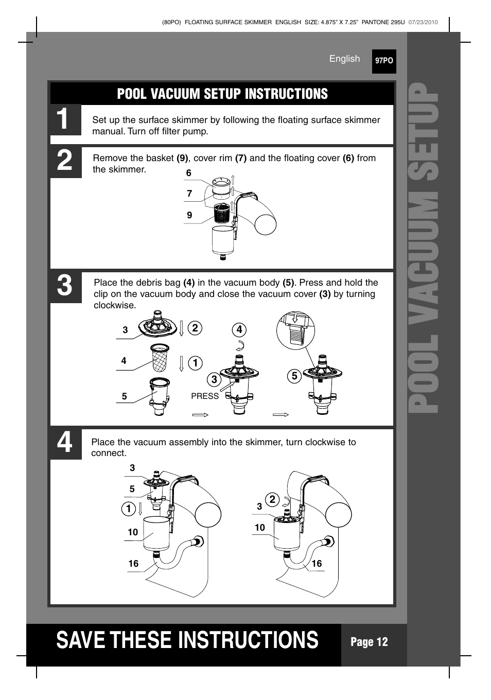 Poo l vac uu m se t u p, S ave these instructions | Intex Deluxe Maintenance Kit 2011 User Manual | Page 12 / 20