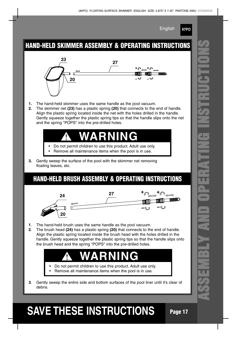 Asse mb ly and op e rating in s tr u ction s, S ave these instructions, Warning | Intex Deluxe Maintenance Kit 2011 User Manual | Page 17 / 20