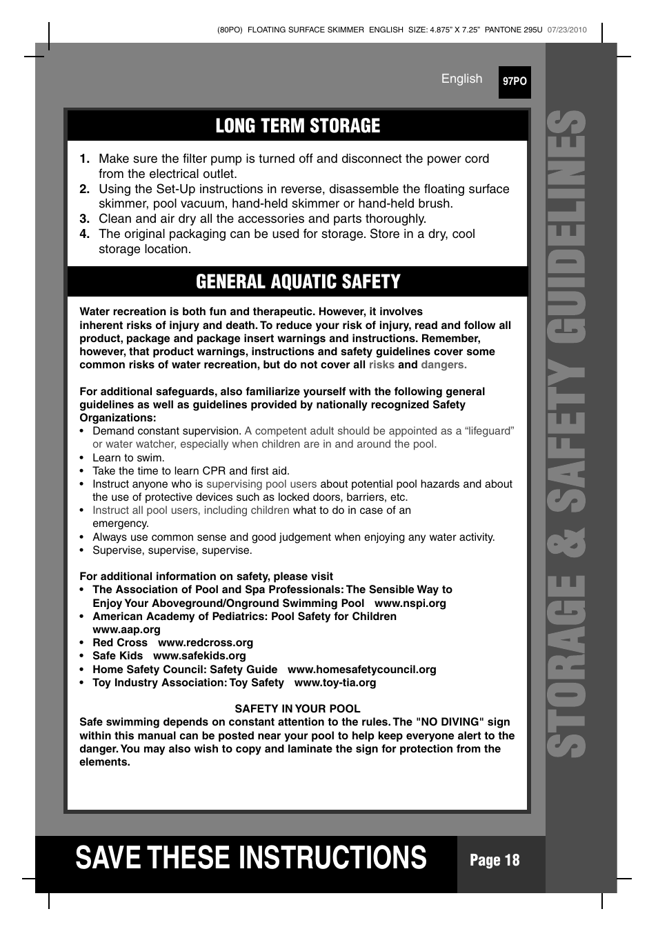 Storag e & s af e ty g u id el in es, S ave these instructions | Intex Deluxe Maintenance Kit 2011 User Manual | Page 18 / 20