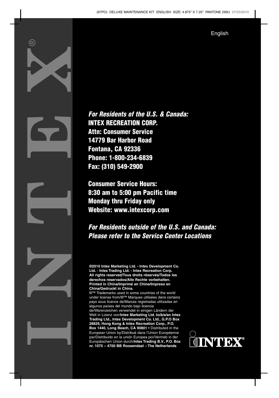 Intex | Intex Deluxe Maintenance Kit 2011 User Manual | Page 20 / 20