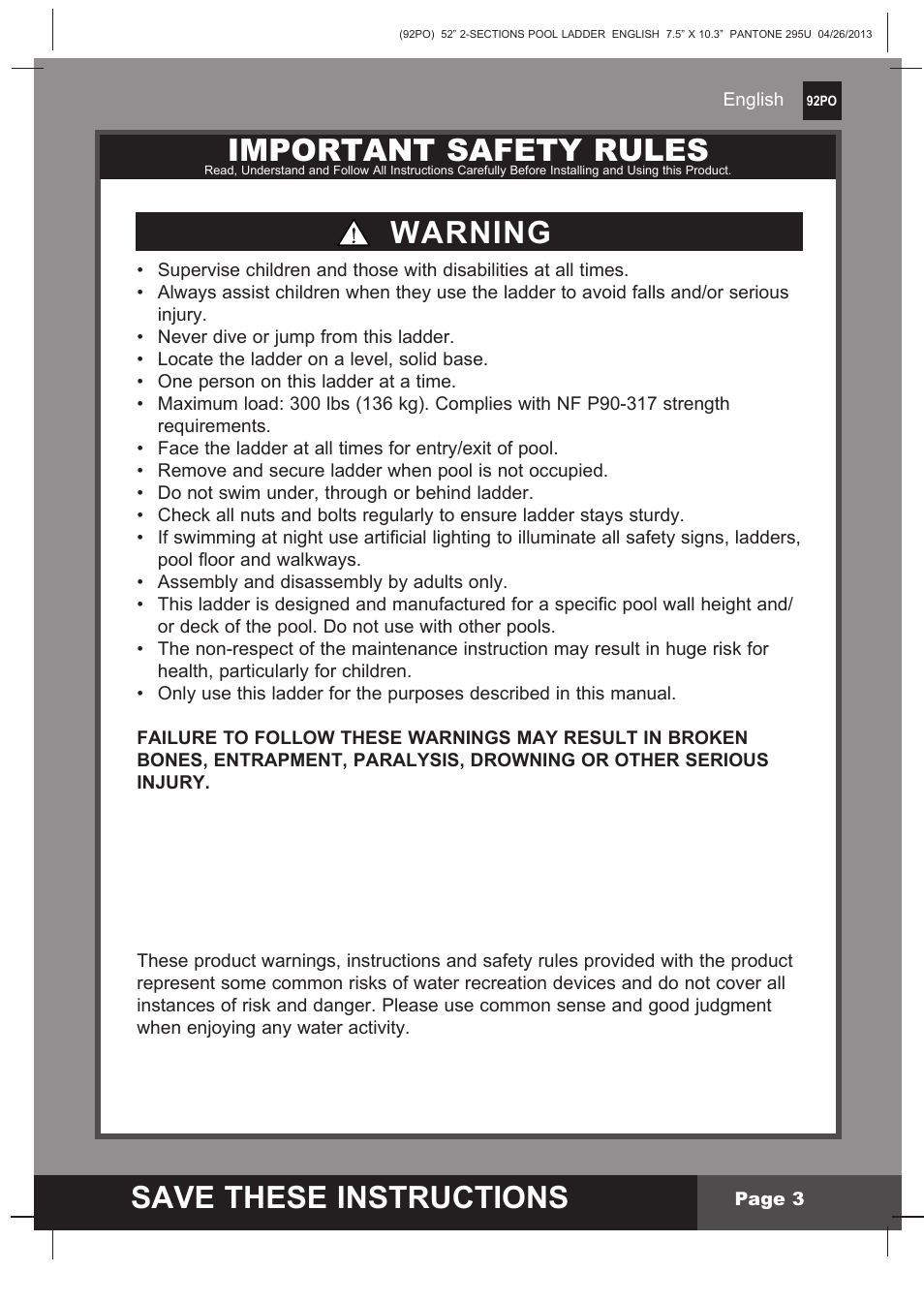 Save these instructions, Important safety rules, Warning | Intex Pool Ladder For 52in (132 cm) model 2014 User Manual | Page 3 / 9