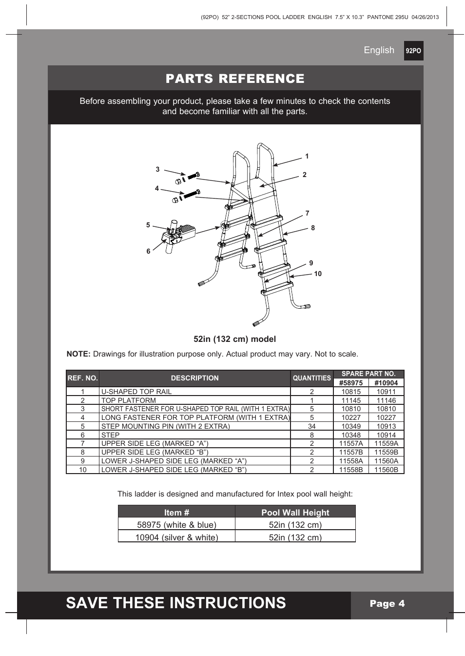 Save these instructions, Parts reference, English page 4 | Intex Pool Ladder For 52in (132 cm) model 2014 User Manual | Page 4 / 9