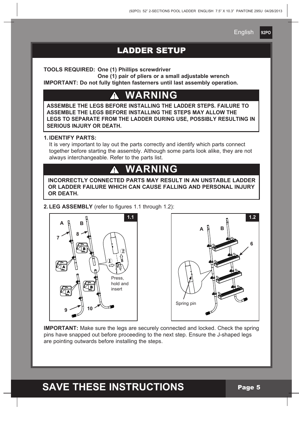 Save these instructions, Warning, Ladder setup | Intex Pool Ladder For 52in (132 cm) model 2014 User Manual | Page 5 / 9