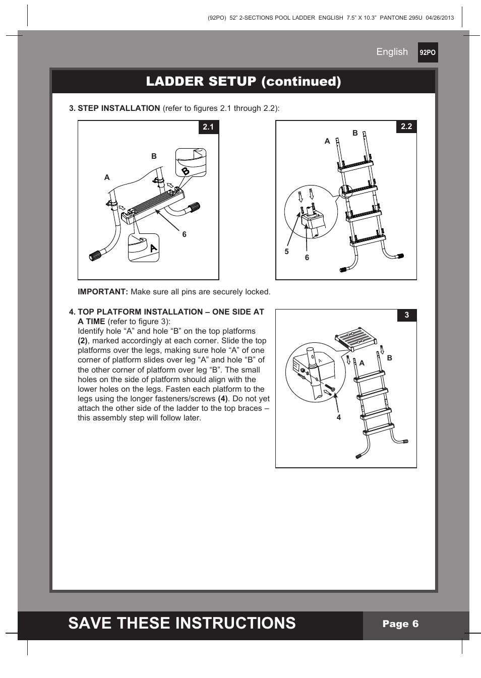Save these instructions, Ladder setup (continued) | Intex Pool Ladder For 52in (132 cm) model 2014 User Manual | Page 6 / 9