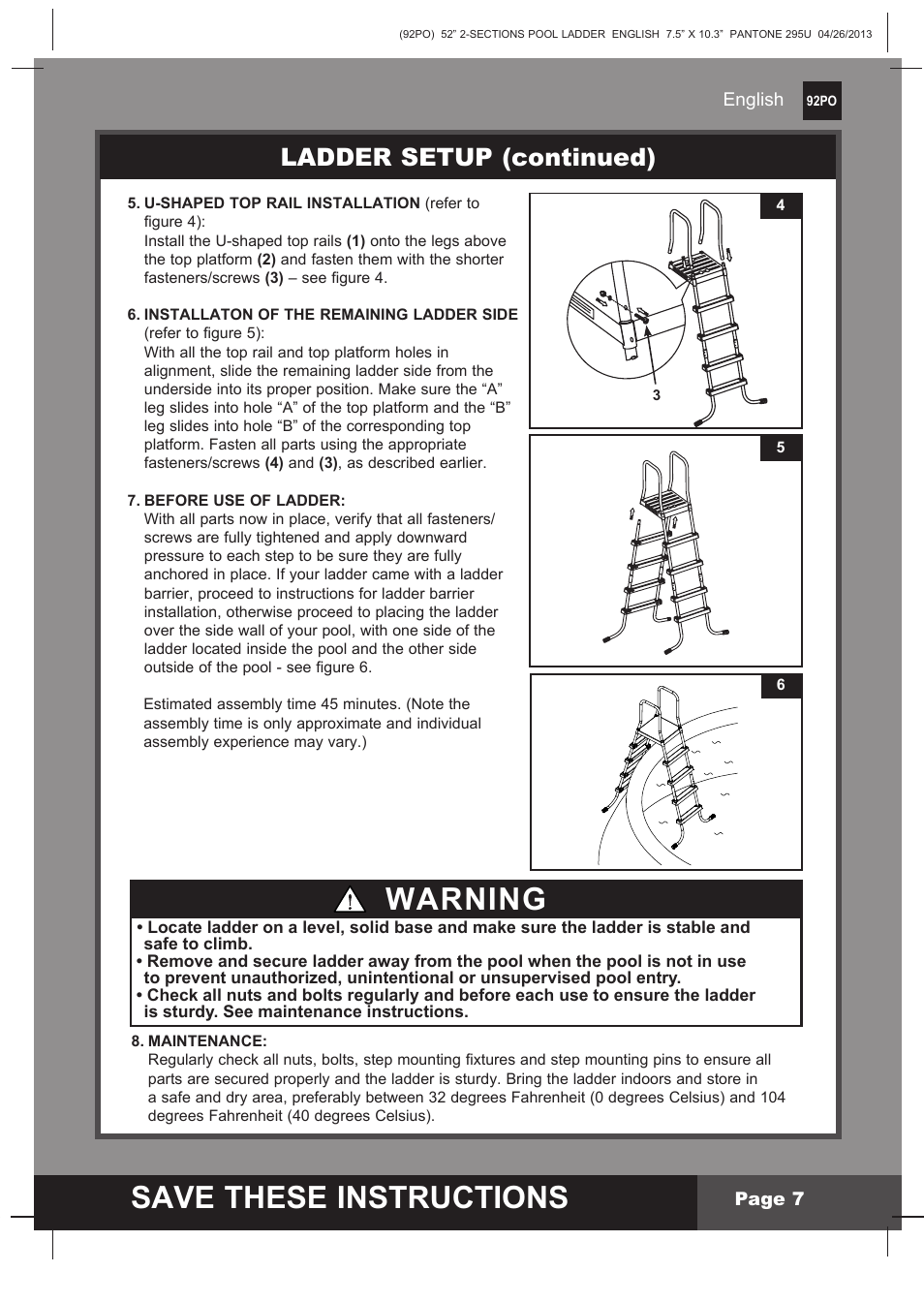 Save these instructions, Warning, Ladder setup (continued) | Intex Pool Ladder For 52in (132 cm) model 2014 User Manual | Page 7 / 9