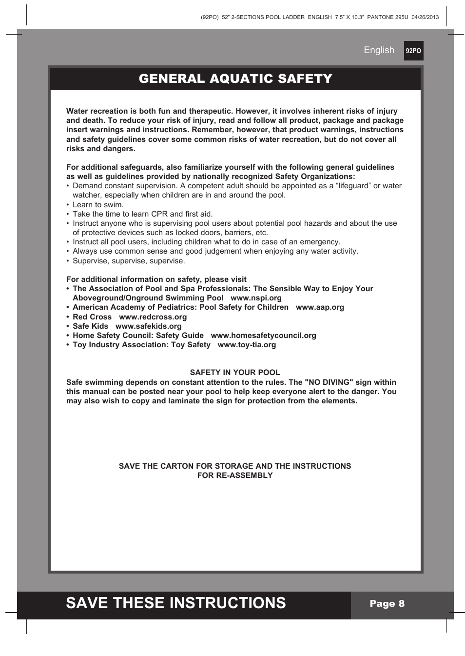 Save these instructions, General aquatic safety | Intex Pool Ladder For 52in (132 cm) model 2014 User Manual | Page 8 / 9