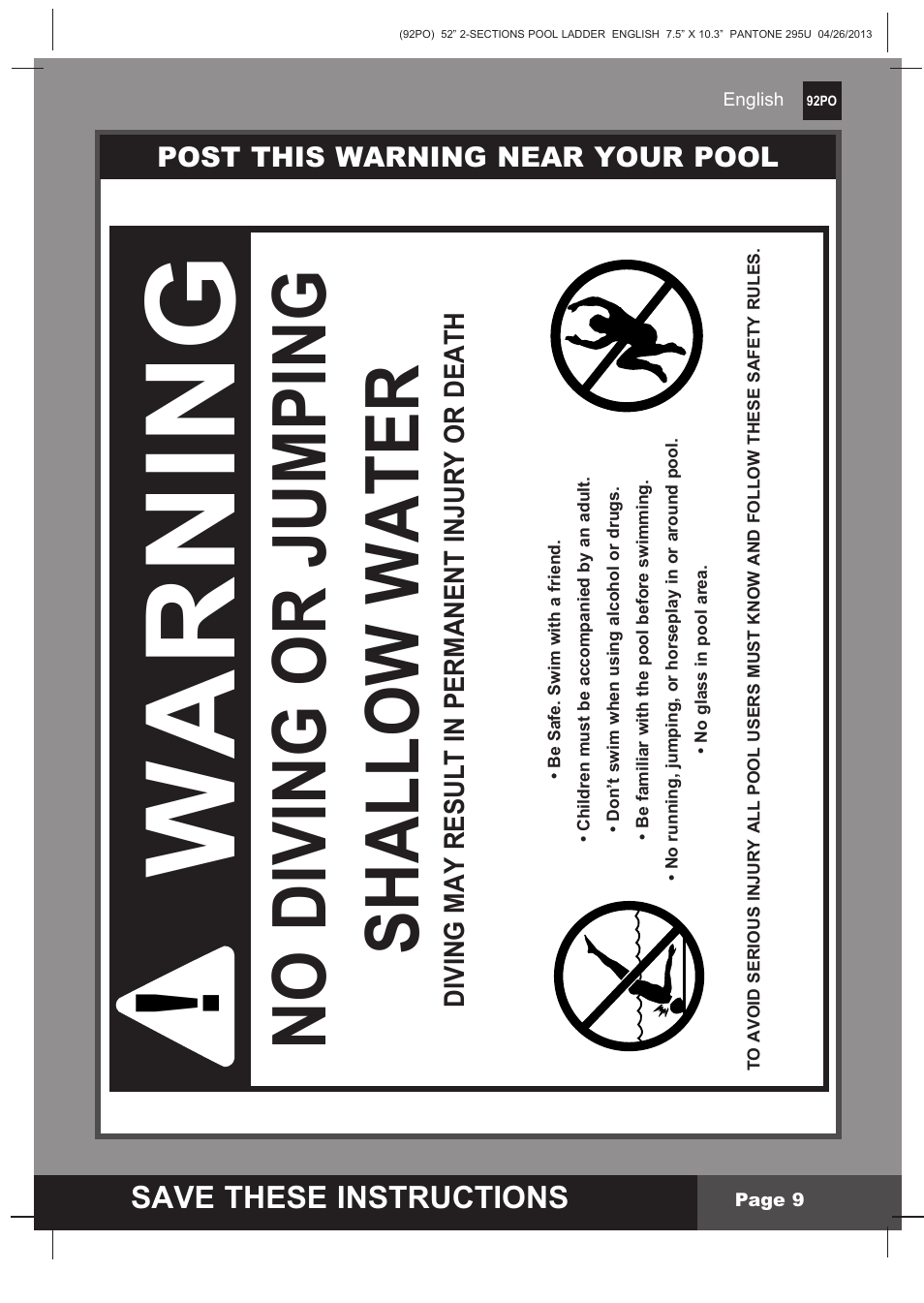 Warning, No diving or jumping shallow water, Save these instructions | Intex Pool Ladder For 52in (132 cm) model 2014 User Manual | Page 9 / 9