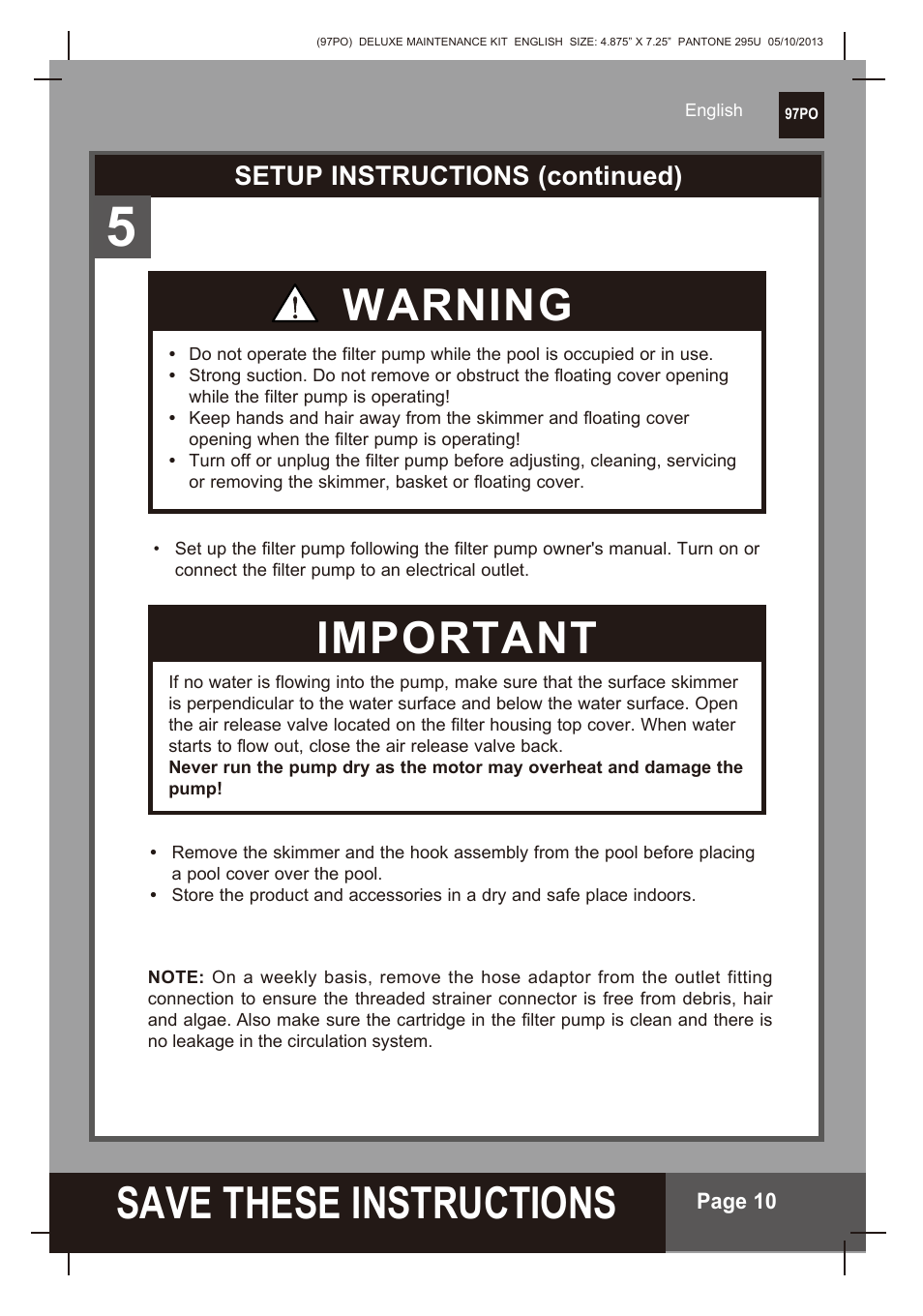 S ave these instructions, Warning, Important | Setup instructions (continued) | Intex Deluxe Maintenance Kit 2014 User Manual | Page 10 / 16