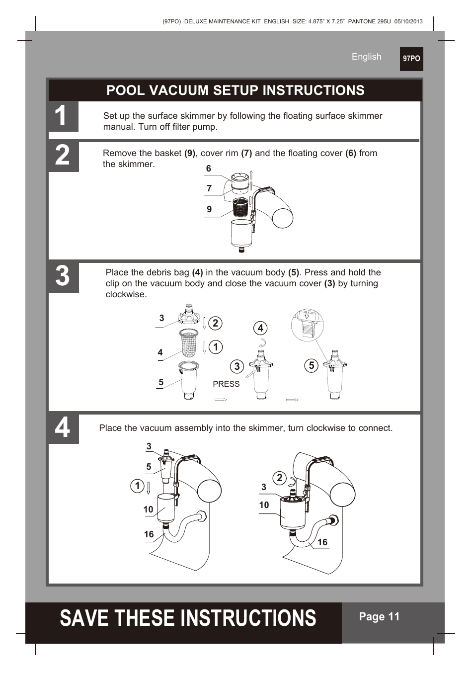 S ave these instructions, Pool vacuum setup instructions | Intex Deluxe Maintenance Kit 2014 User Manual | Page 11 / 16