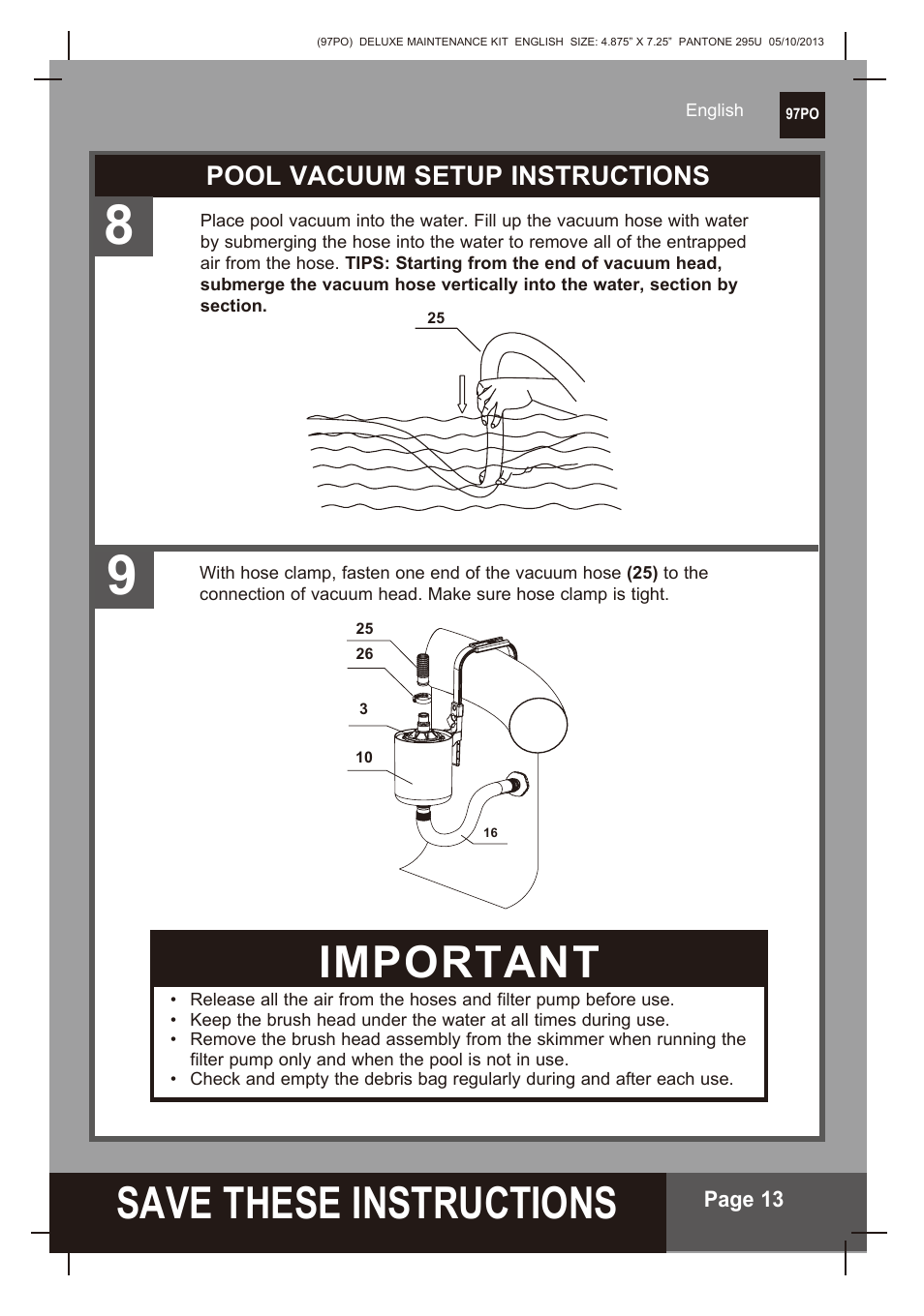 S ave these instructions, Important, Pool vacuum setup instructions | Intex Deluxe Maintenance Kit 2014 User Manual | Page 13 / 16