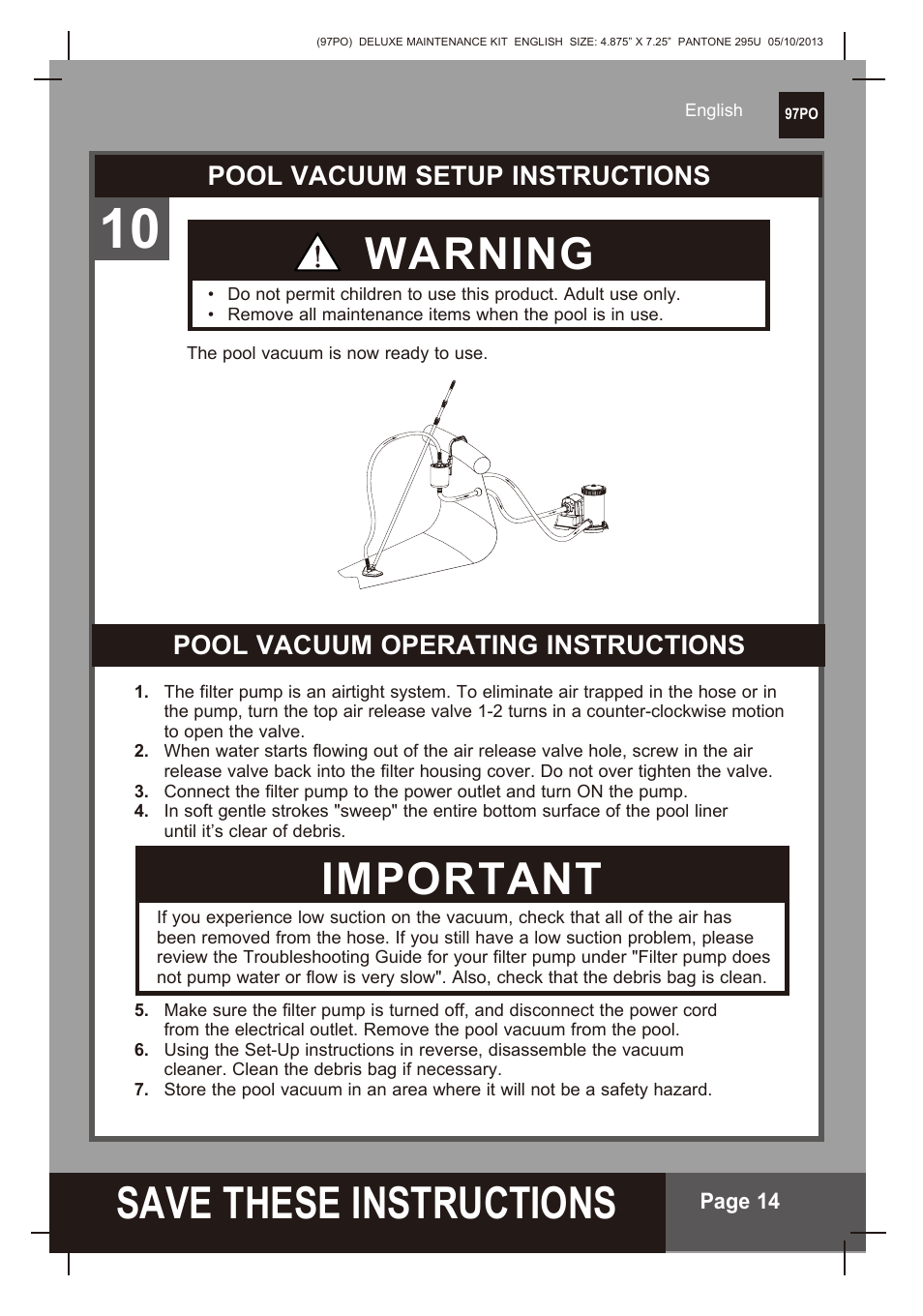 S ave these instructions, Warning, Important | Pool vacuum operating instructions, Pool vacuum setup instructions | Intex Deluxe Maintenance Kit 2014 User Manual | Page 14 / 16