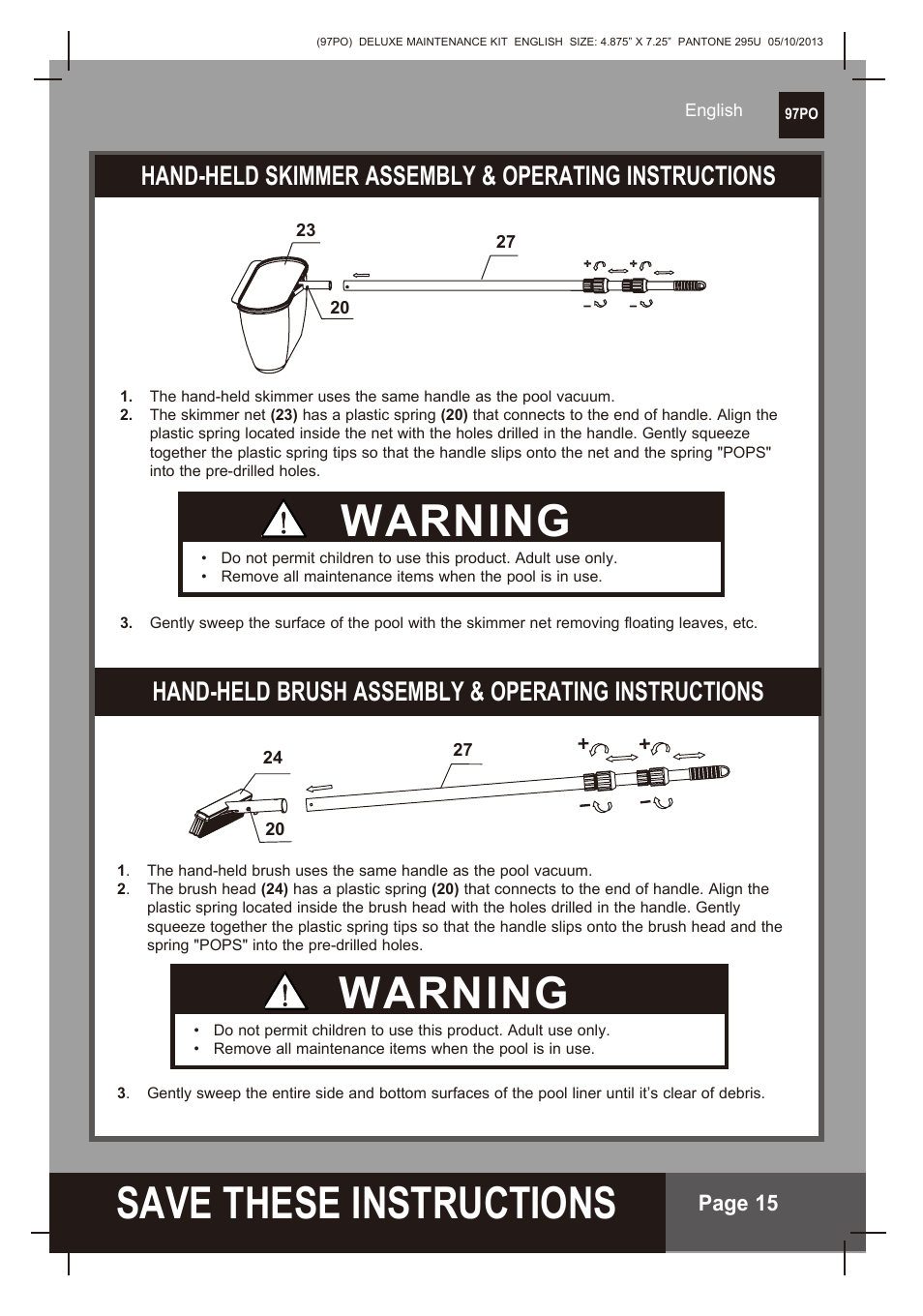 S ave these instructions, Warning, Hand-held brush assembly & operating instructions | Intex Deluxe Maintenance Kit 2014 User Manual | Page 15 / 16