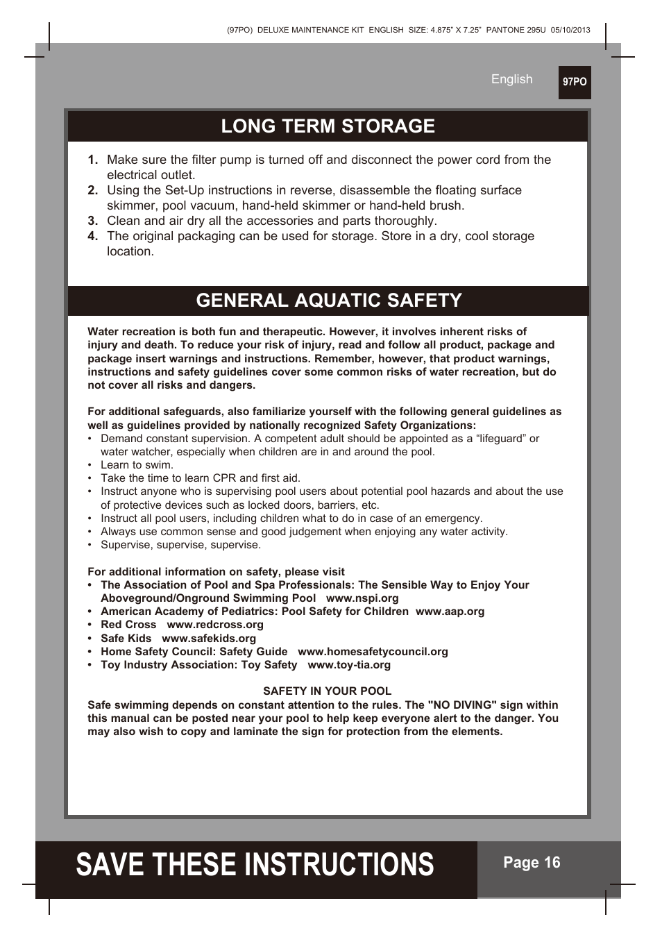 S ave these instructions, Long term storage general aquatic safety, Page 16 | Intex Deluxe Maintenance Kit 2014 User Manual | Page 16 / 16