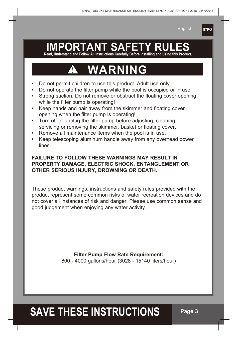 S ave these instructions, Important safety rules, Warning | Intex Deluxe Maintenance Kit 2014 User Manual | Page 3 / 16