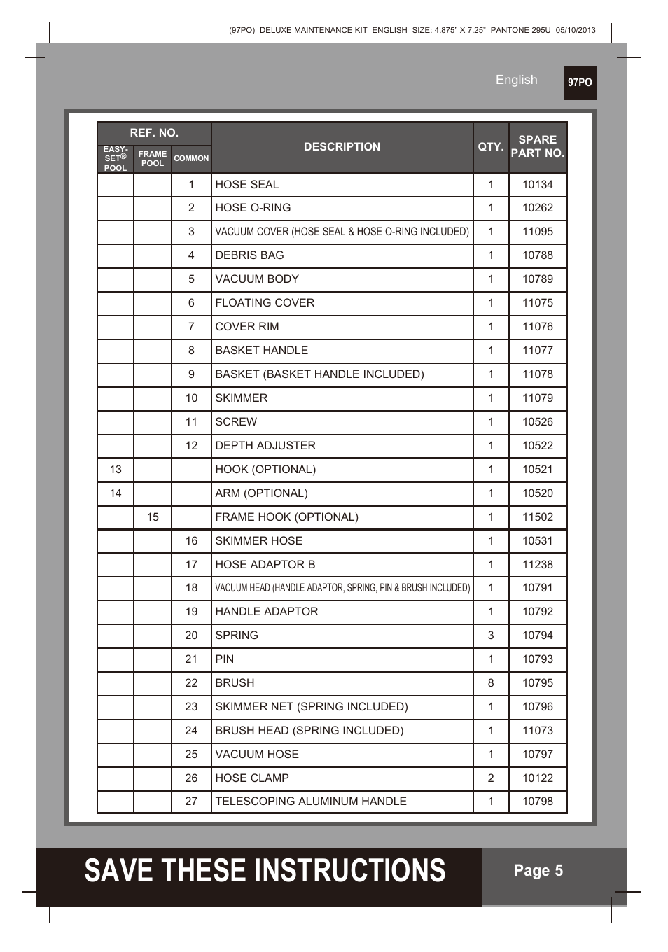 S ave these instructions, Page 5 | Intex Deluxe Maintenance Kit 2014 User Manual | Page 5 / 16