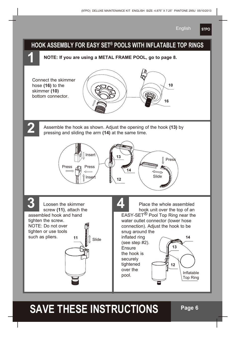 S ave these instructions, Hook assembly for easy set, Pools with inflatable top rings | Intex Deluxe Maintenance Kit 2014 User Manual | Page 6 / 16