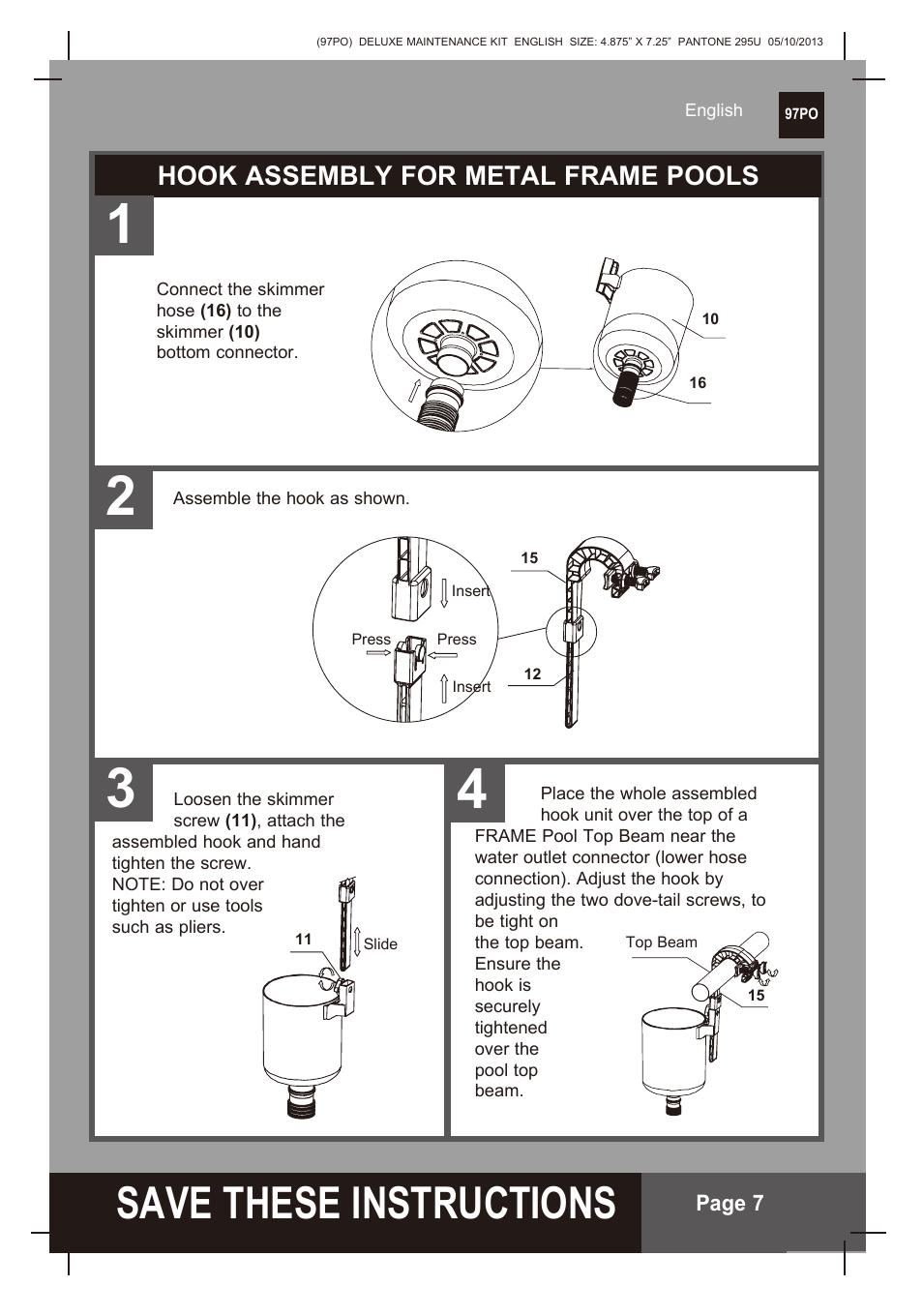 S ave these instructions, Hook assembly for metal frame pools | Intex Deluxe Maintenance Kit 2014 User Manual | Page 7 / 16
