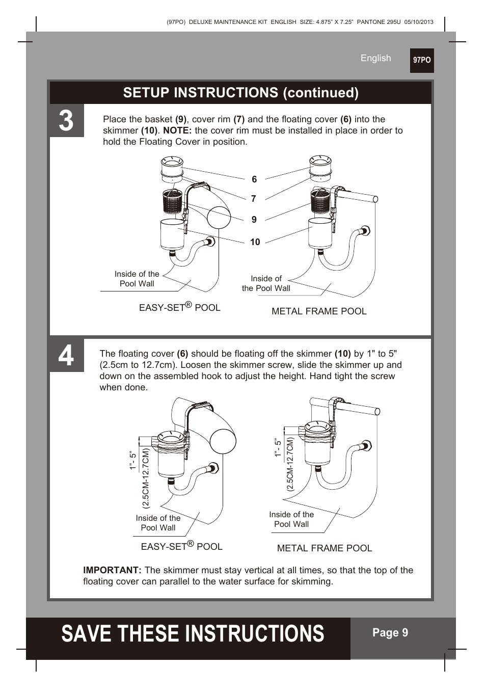 S ave these instructions, Setup instructions (continued) | Intex Deluxe Maintenance Kit 2014 User Manual | Page 9 / 16