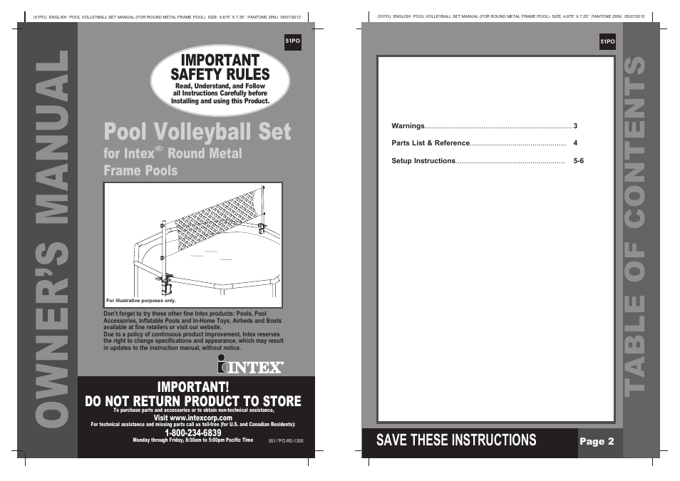 Intex Pool Volleyball Set for Round Metal Frame Pools 2013 User Manual | 3 pages