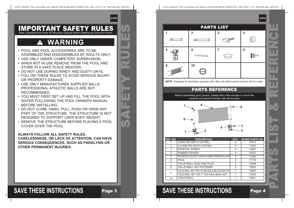 Parts list & reference, Safety rules, S ave these instructions | Important, Warning | Intex Pool Volleyball Set for Round Metal Frame Pools 2013 User Manual | Page 2 / 3