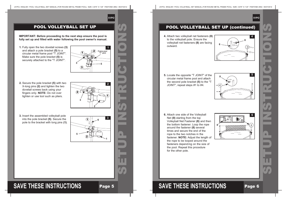 Setup instructions, S ave these instructions | Intex Pool Volleyball Set for Round Metal Frame Pools 2013 User Manual | Page 3 / 3