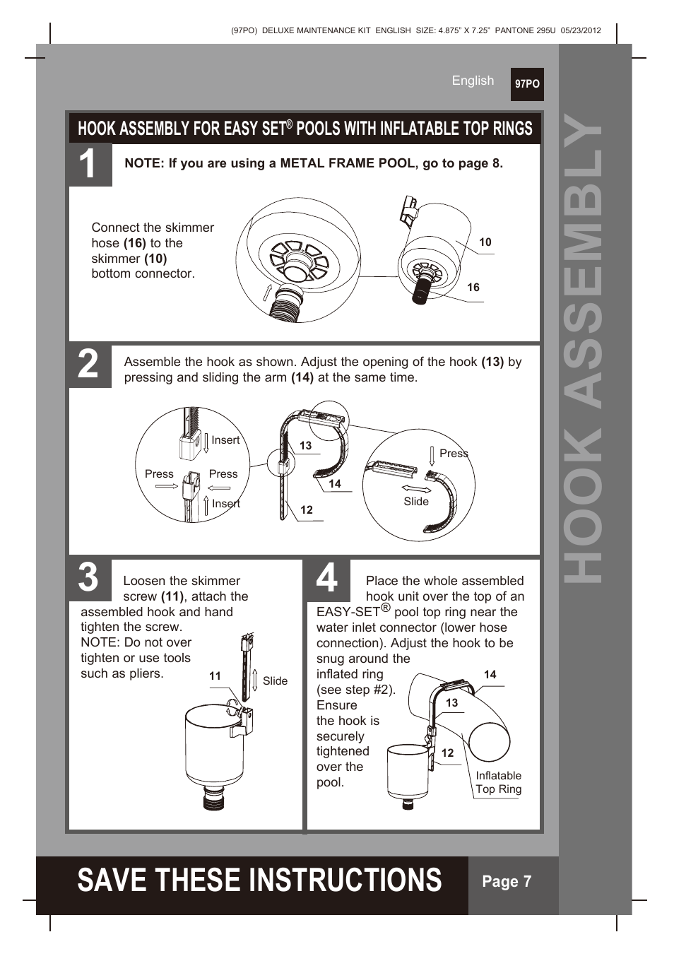 Hook assembly, S ave these instructions, Hook assembly for easy set | Pools with inflatable top rings | Intex Deluxe Maintenance Kit 2013 User Manual | Page 7 / 18