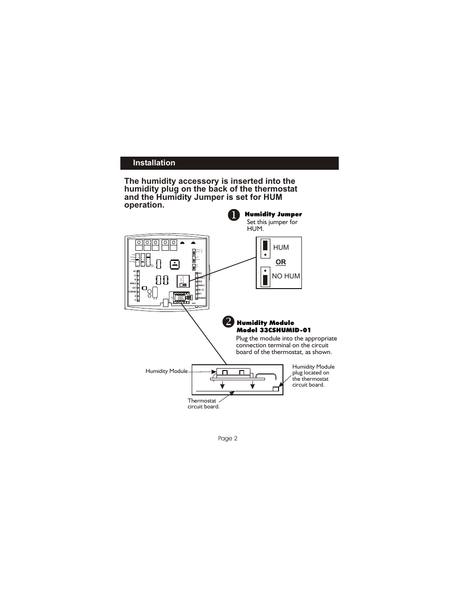 Installation, Hum no hum or, Set this jumper for hum | Humidity module model 33cshumid-01 | Carrier P/N 33CSHUMID-01 User Manual | Page 3 / 9