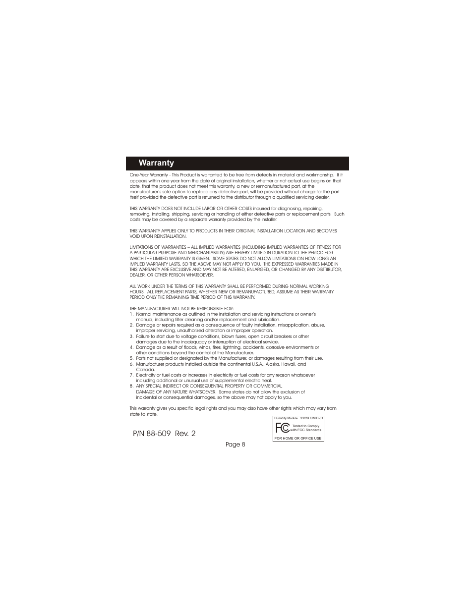 Warranty | Carrier P/N 33CSHUMID-01 User Manual | Page 9 / 9