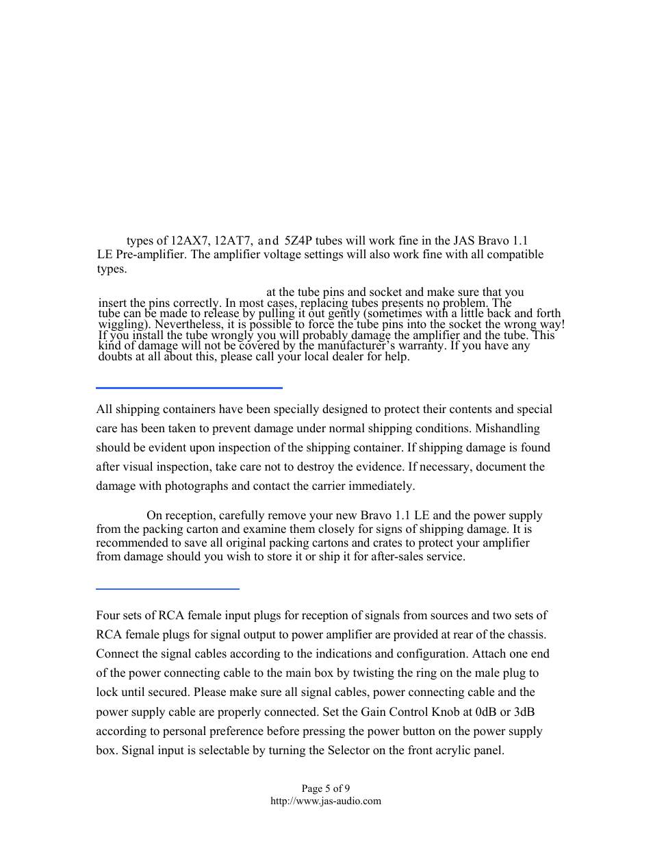 Unpacking before installation, Installation and set up | Jas-Audio BRAVO 1.1 LE PRE-AMP User Manual | Page 5 / 9