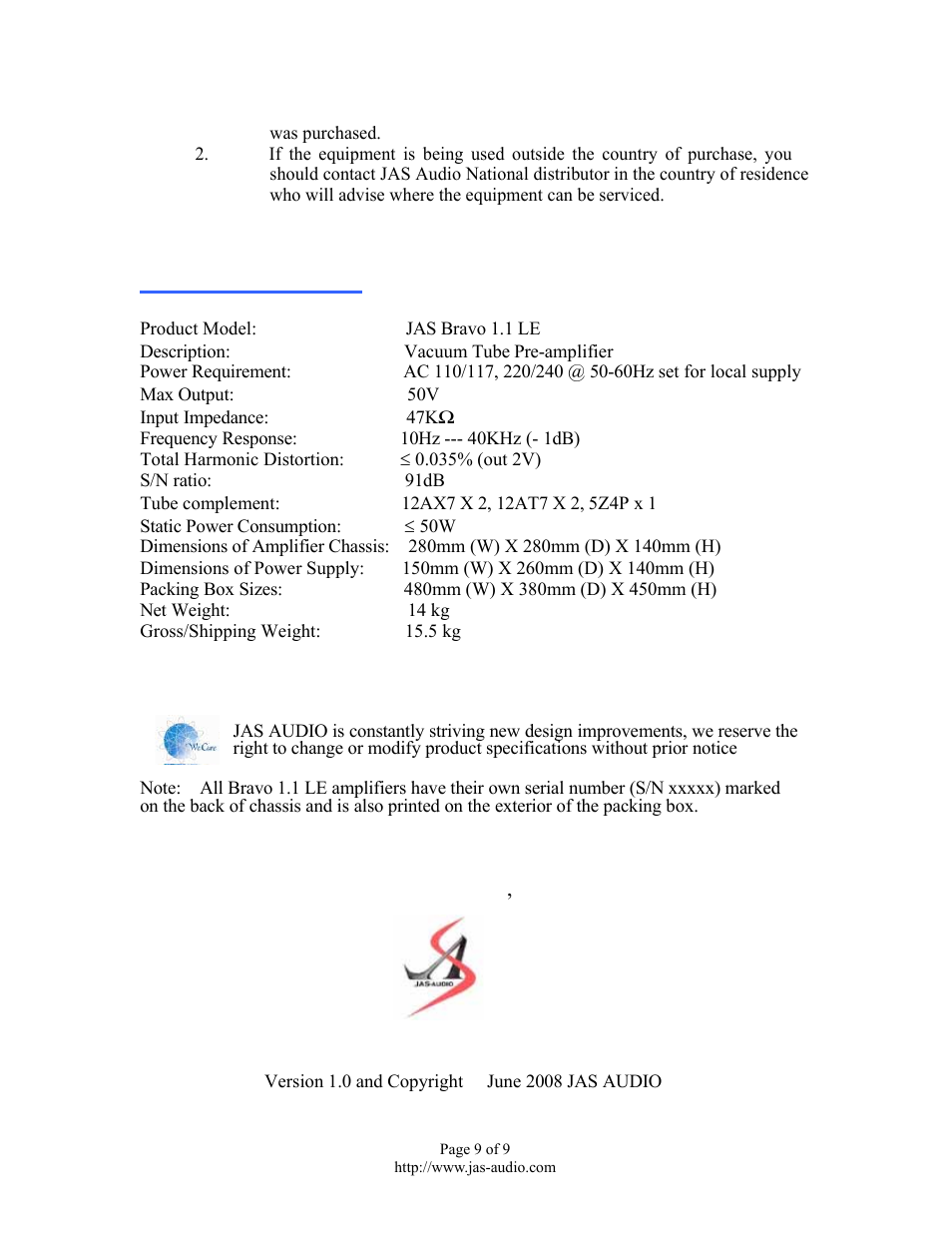 Jas-Audio BRAVO 1.1 LE PRE-AMP User Manual | Page 9 / 9