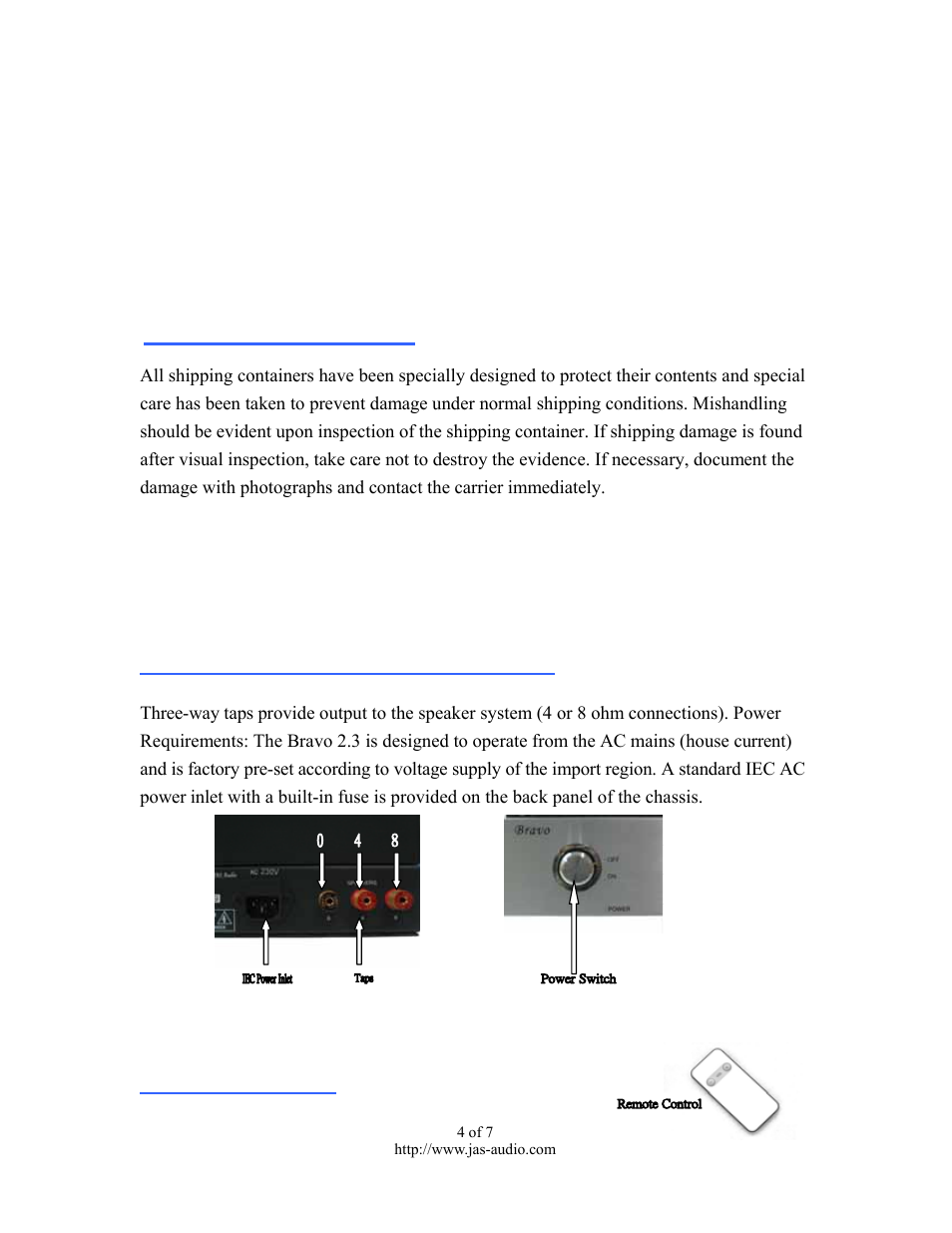 Unpacking before installation, Installation setup and power on operation, Power on operation | Jas-Audio BRAVO 2.3 User Manual | Page 4 / 7