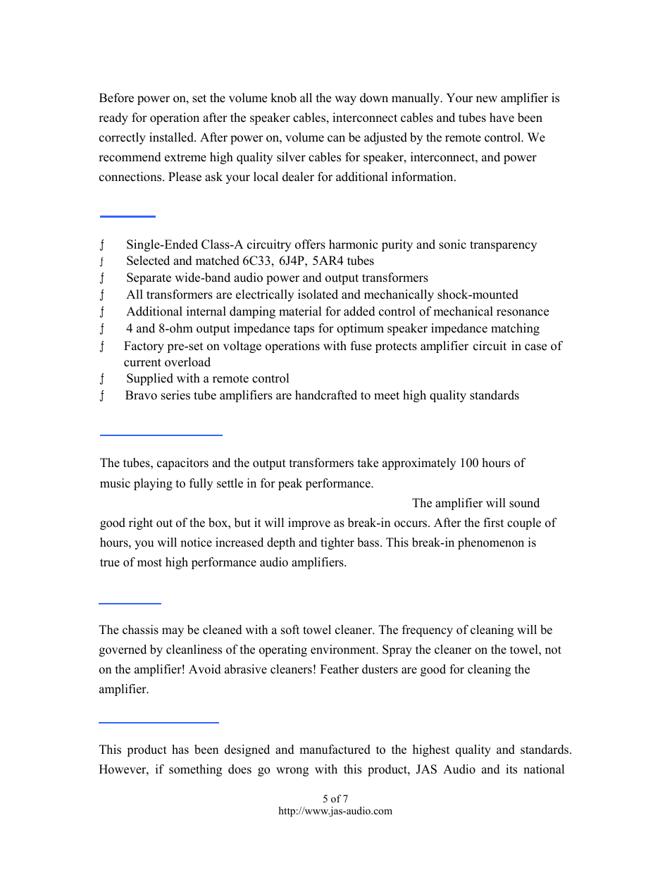 Features, Running-in period, Aftercare | Limited warranty | Jas-Audio BRAVO 2.3 User Manual | Page 5 / 7