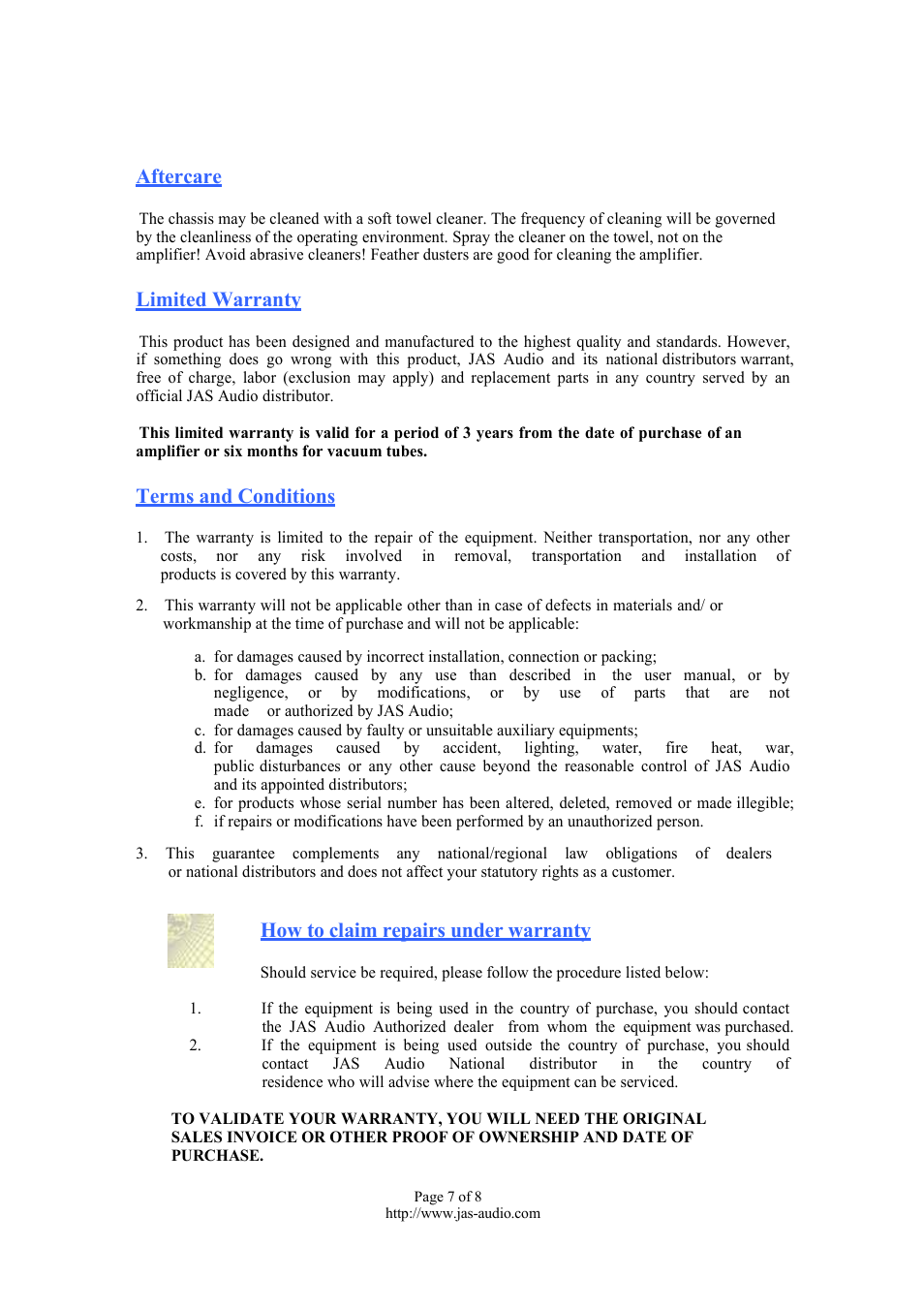 Aftercare, Limited warranty, Terms and conditions | How to claim repairs under warranty | Jas-Audio BRAVO 3.1 User Manual | Page 7 / 8