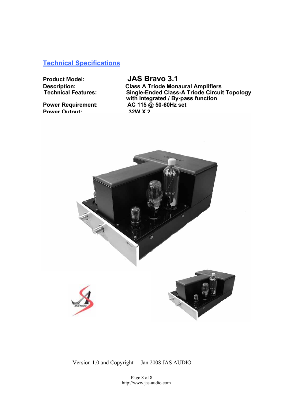 Jas bravo 3.1, Technical specifications, Best regards | Set your mind free | Jas-Audio BRAVO 3.1 User Manual | Page 8 / 8