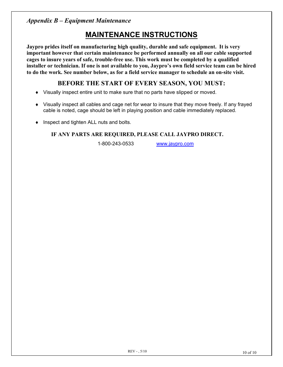 Maintenance instructions, Appendix b – equipment maintenance, Before the start of every season, you must | Jaypro Sports BBC-WLKT User Manual | Page 10 / 10