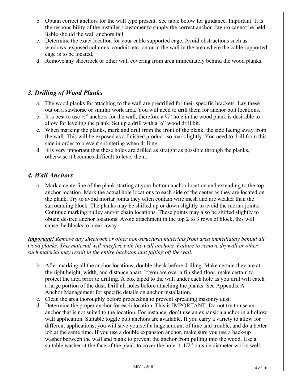 Drilling of wood planks, Wall anchors | Jaypro Sports BBC-WLKT User Manual | Page 4 / 10