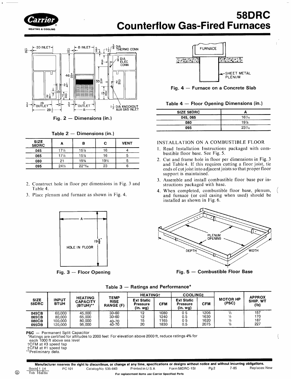 Fig. 3 — floor opening, 58drc counterflow gas-fired furnaces, Table 2 — dimensions (in.) | Carrier 58DRC User Manual | Page 2 / 10