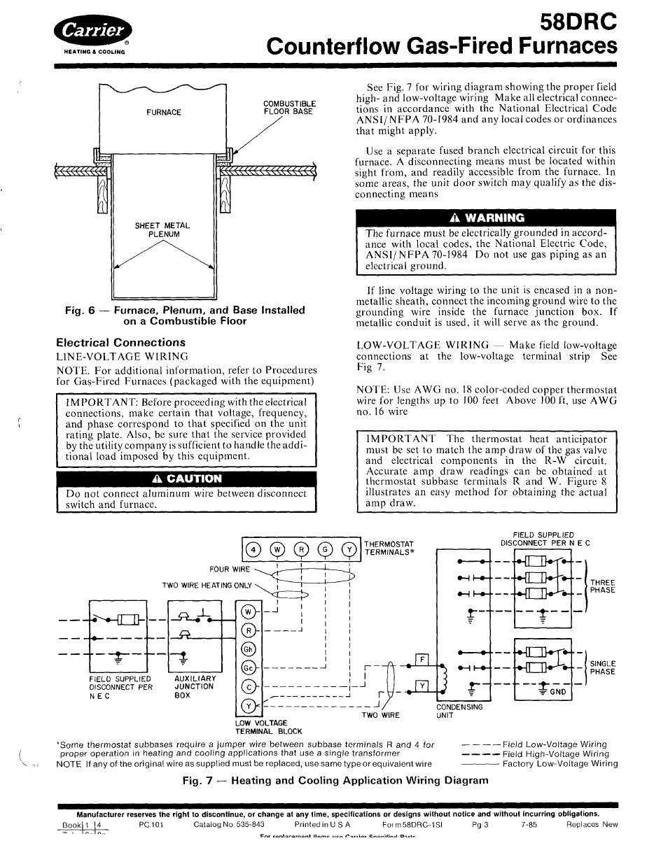 Electrical connections, A caution, A warning | 58drc counterflow gas-fired furnaces | Carrier 58DRC User Manual | Page 3 / 10