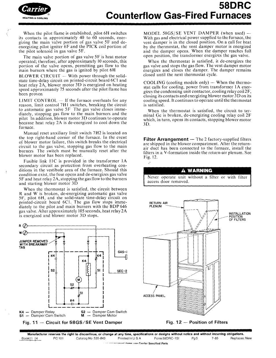 A warning, 58drc counterflow gas-fired furnaces | Carrier 58DRC User Manual | Page 5 / 10