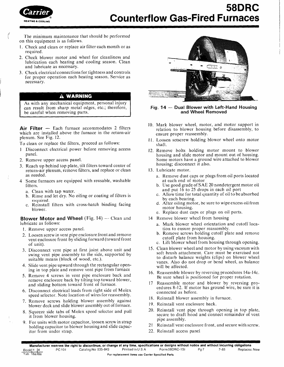 A warning, 58drc counterflow gas-fired furnaces | Carrier 58DRC User Manual | Page 7 / 10