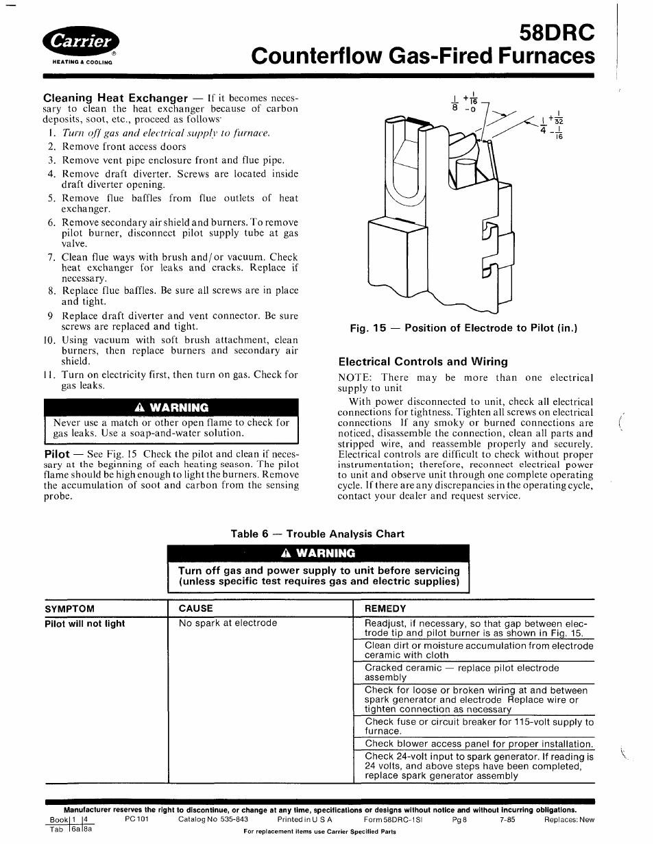 A warning, Electrical controls and wiring, Table 6 — trouble analysis chart | 58drc counterflow gas-fired furnaces | Carrier 58DRC User Manual | Page 8 / 10