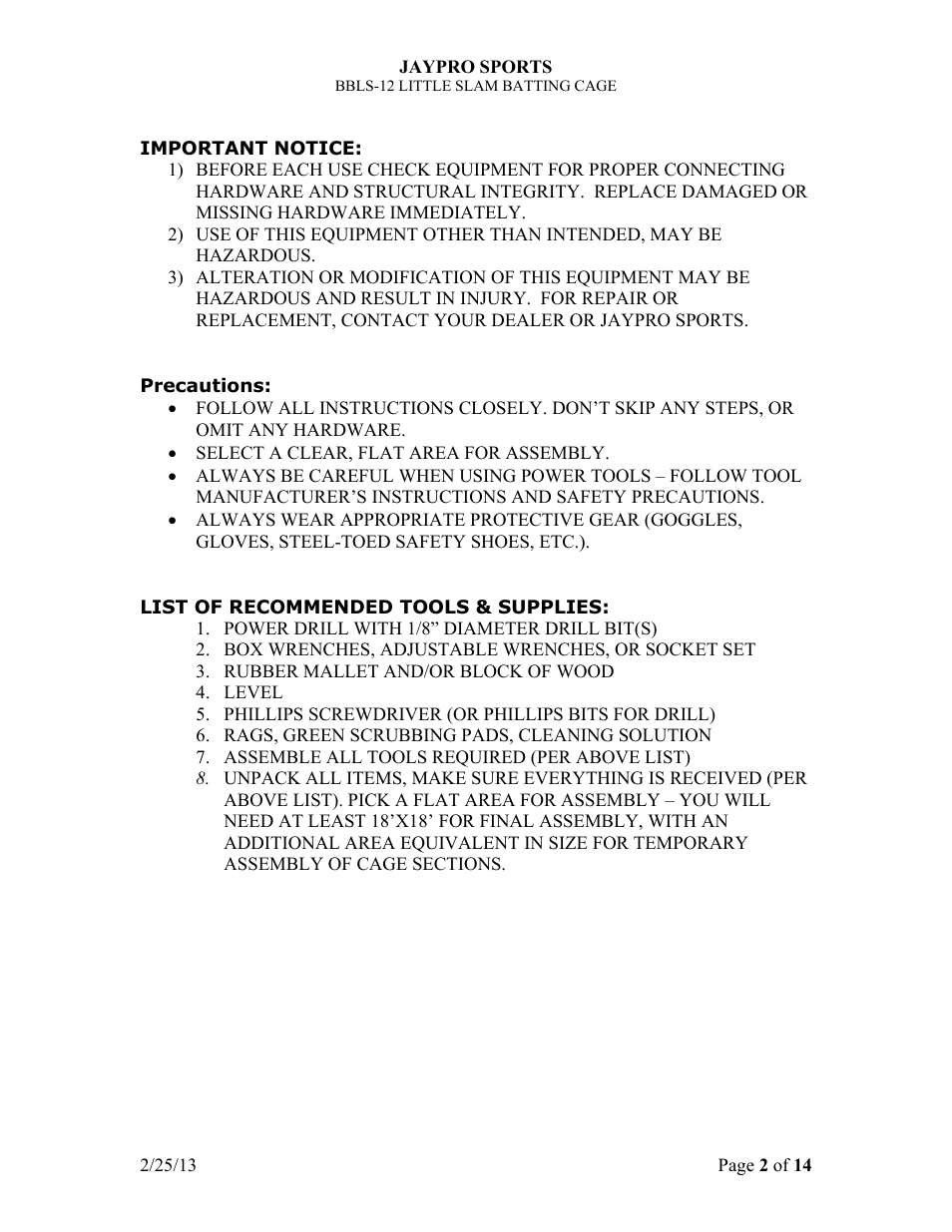 Jaypro Sports BBLS-12 User Manual | Page 2 / 14