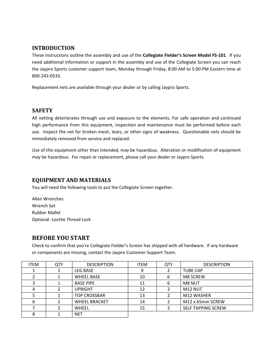 Before you start | Jaypro Sports FS-101 User Manual | Page 2 / 4