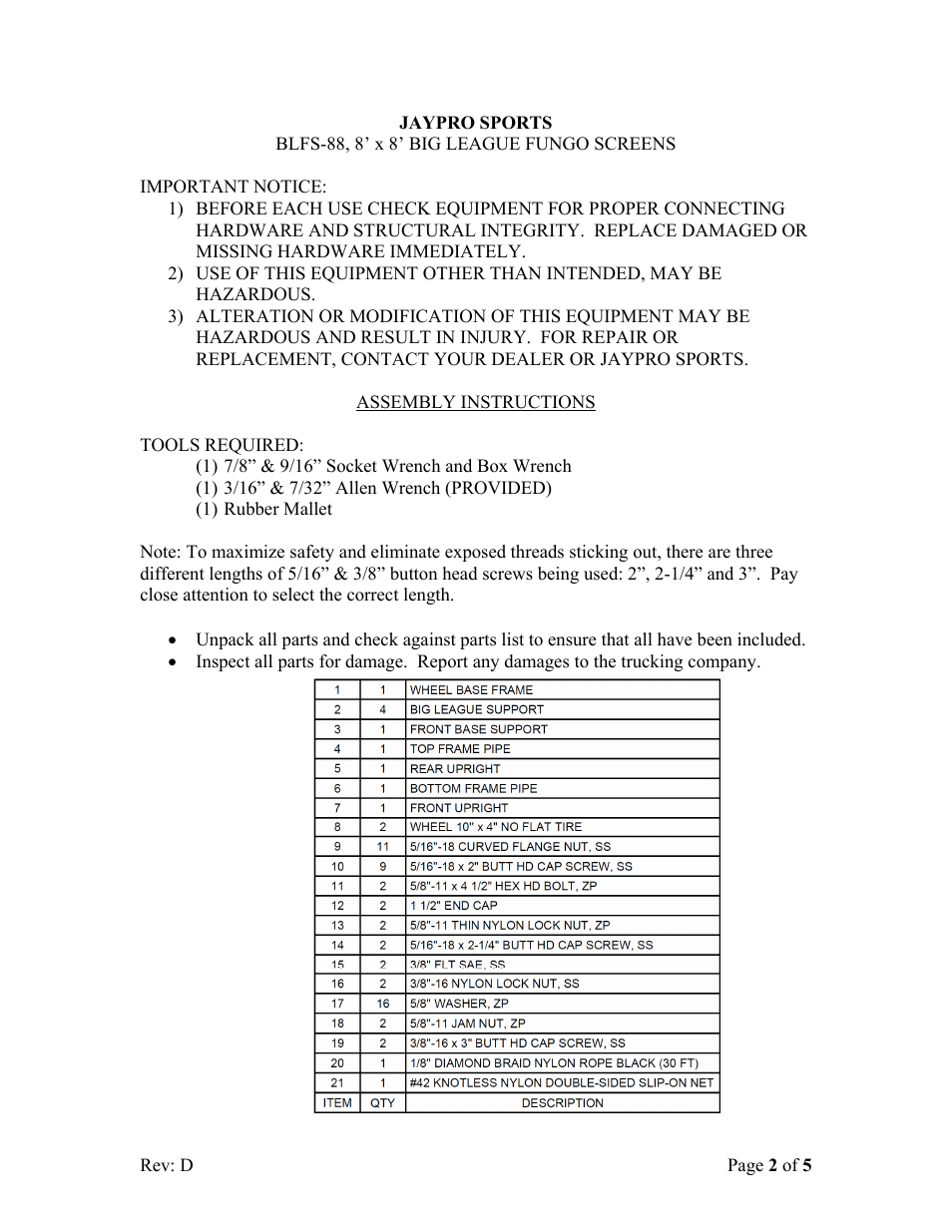 Jaypro Sports BLFS-88 User Manual | Page 2 / 5