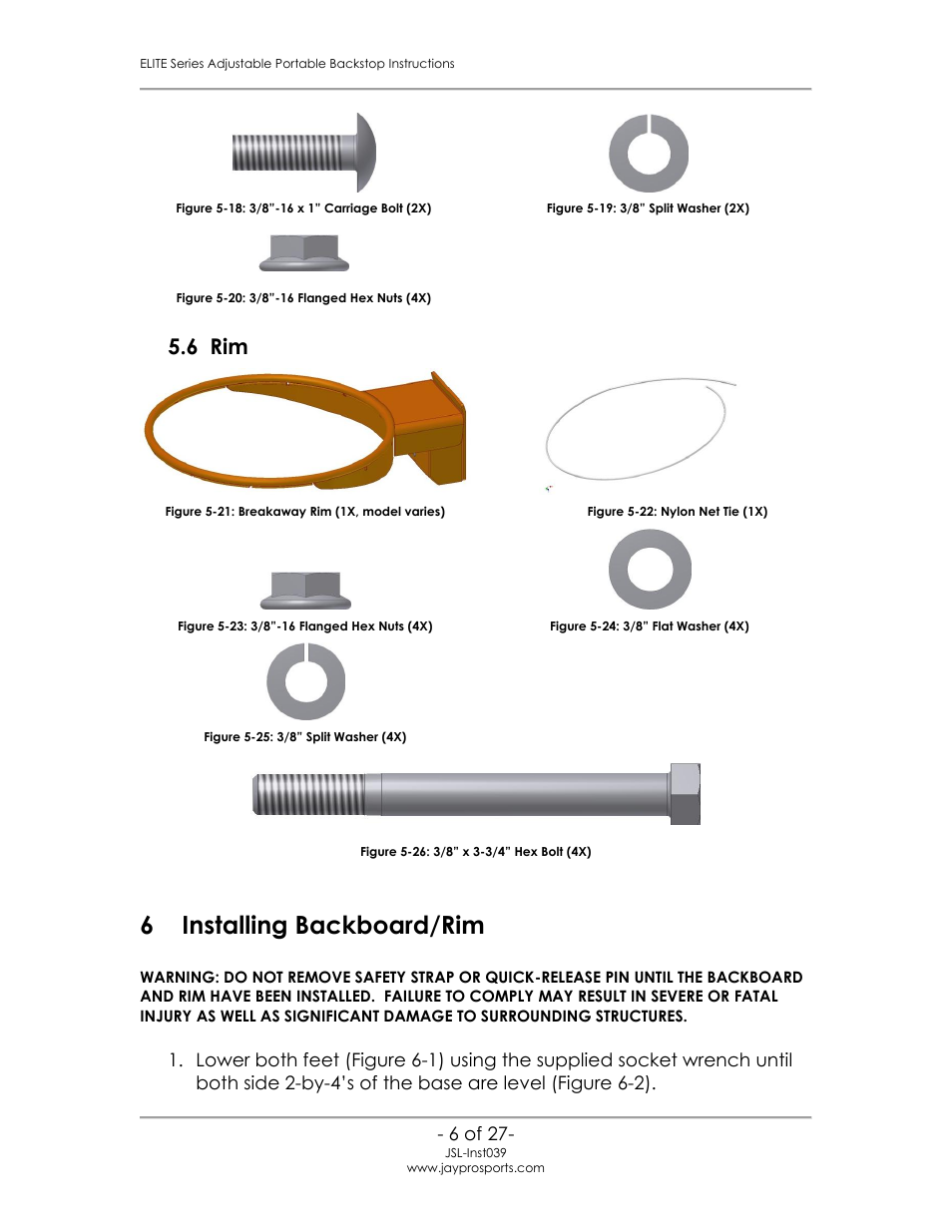 6 rim, 6 installing backboard/rim | Jaypro Sports PBEL96 User Manual | Page 10 / 31