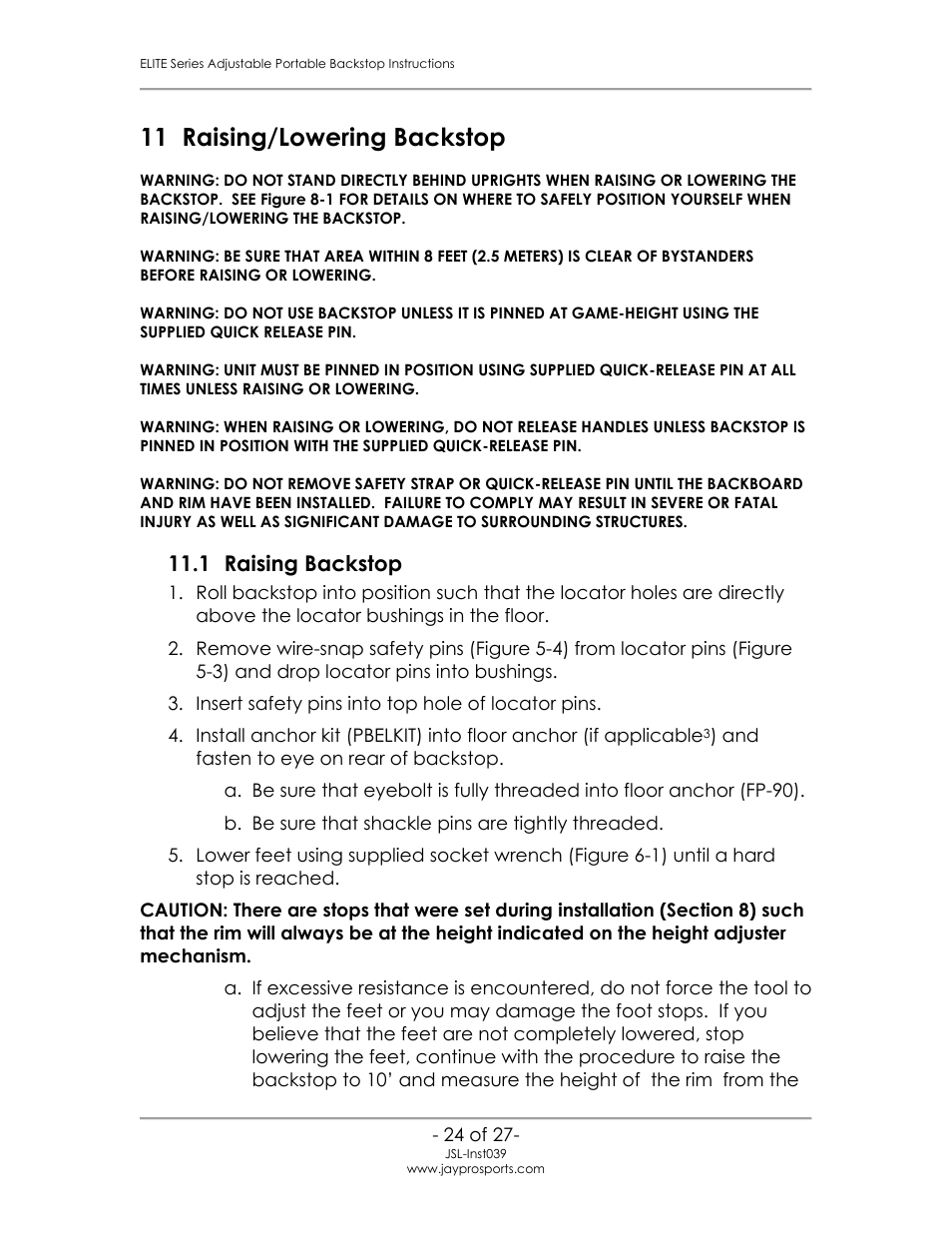 11 raising/lowering backstop, 1 raising backstop, On 11 | Jaypro Sports PBEL96 User Manual | Page 28 / 31