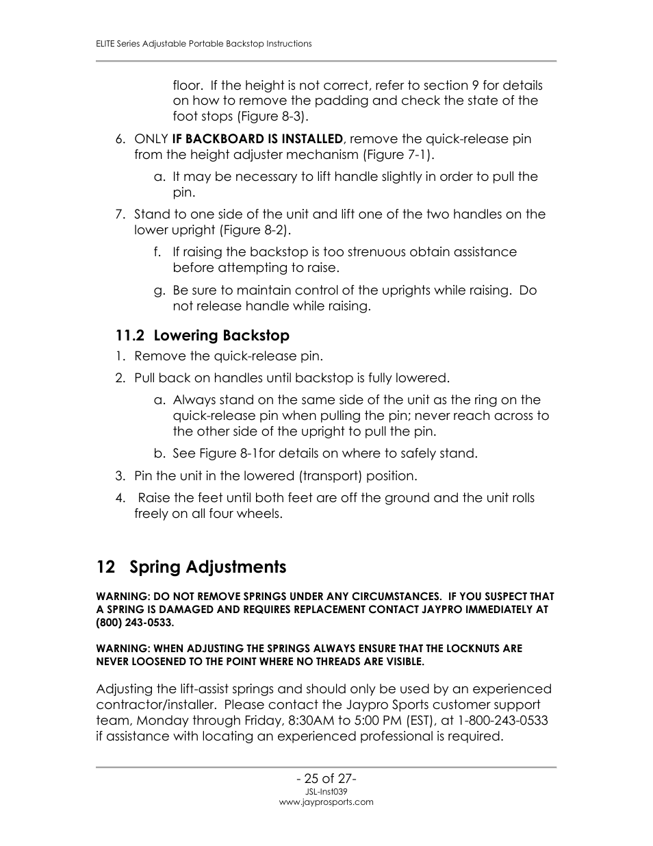 2 lowering backstop, 12 spring adjustments, On 12 | Jaypro Sports PBEL96 User Manual | Page 29 / 31