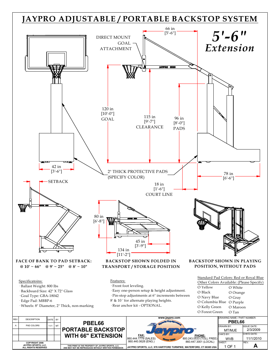 Extension, Jaypro adjustable / portable backstop system, Pbel66 portable backstop with 66" extension | Jaypro Sports PBEL96 User Manual | Page 3 / 31