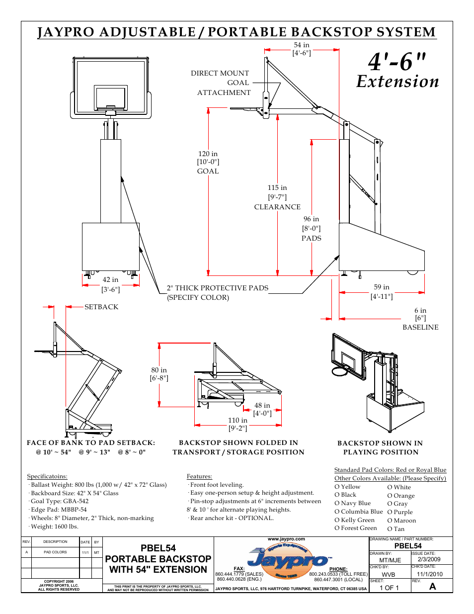 Extension, Jaypro adjustable / portable backstop system, Pbel54 portable backstop with 54" extension | Jaypro Sports PBEL96 User Manual | Page 4 / 31