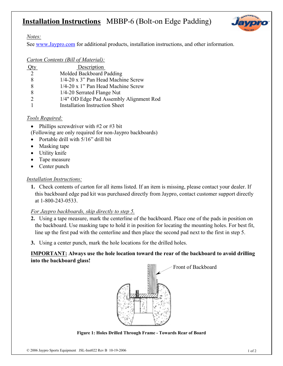 Jaypro Sports MBBP-6 User Manual | 2 pages